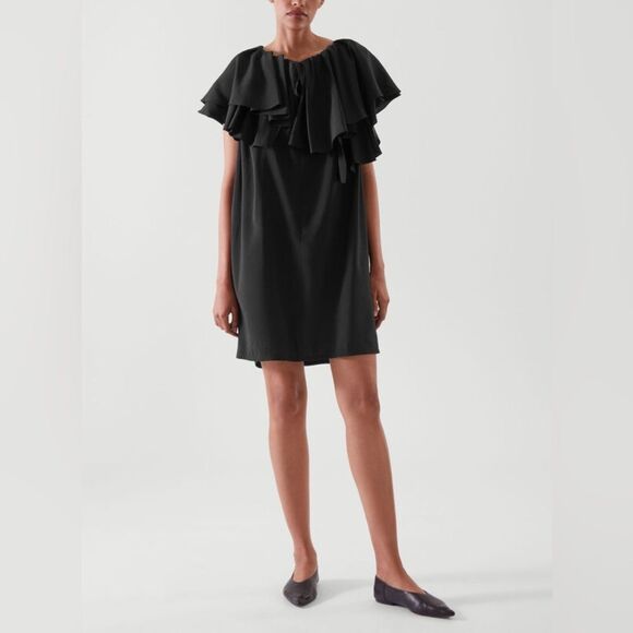 COS Black Ruffled Tunic Dress Size 10 Classic Dramatic Mini - Picture 1 of 12